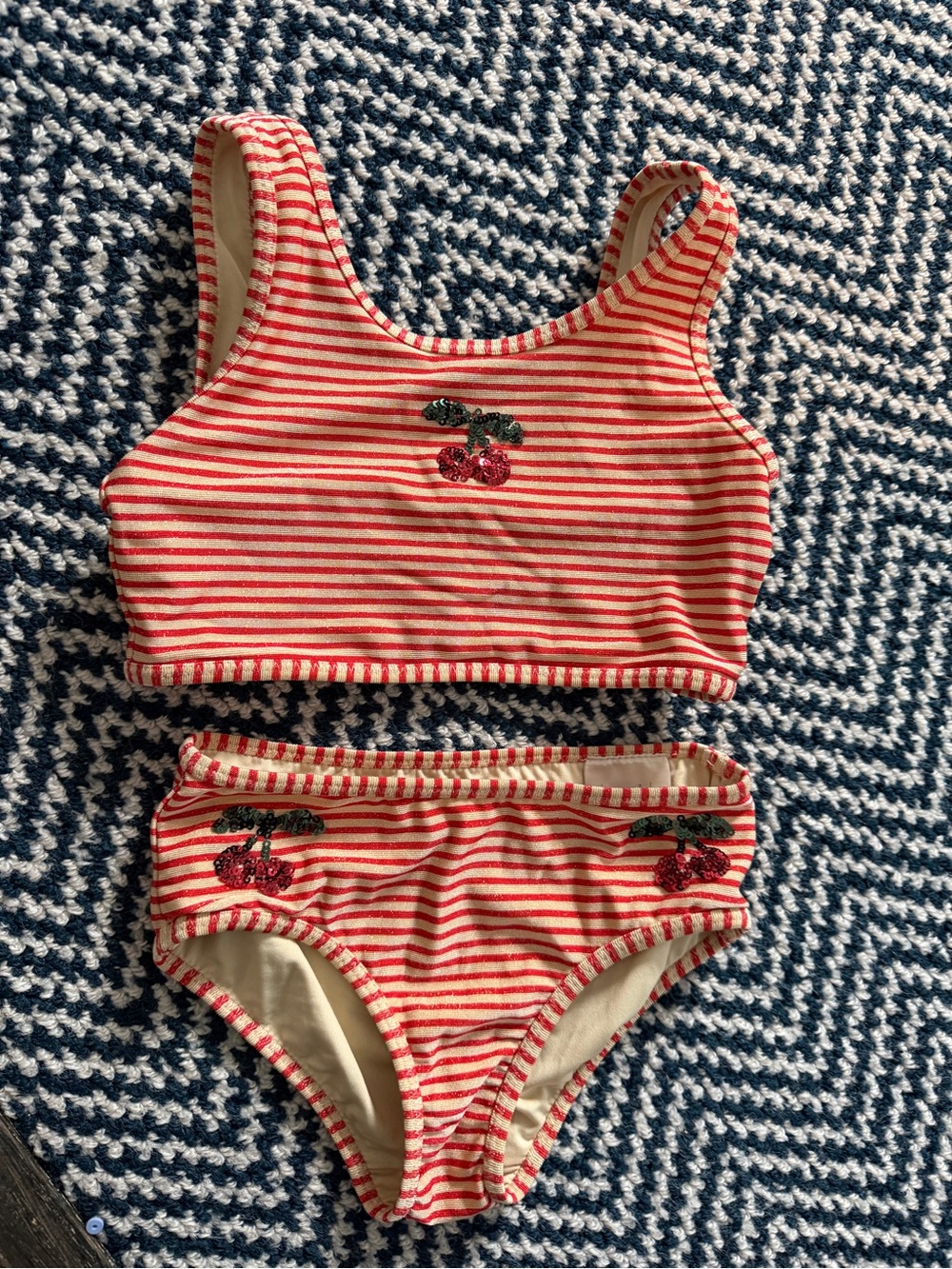 Girls Red Striped Cherry Sequin Two-Piece Swim Set